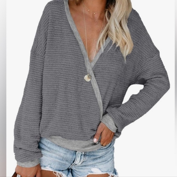 NWOT L Deep V Neck Wrap Oversized Waffle Knit Sweater Sweatshirt - Picture 1 of 4